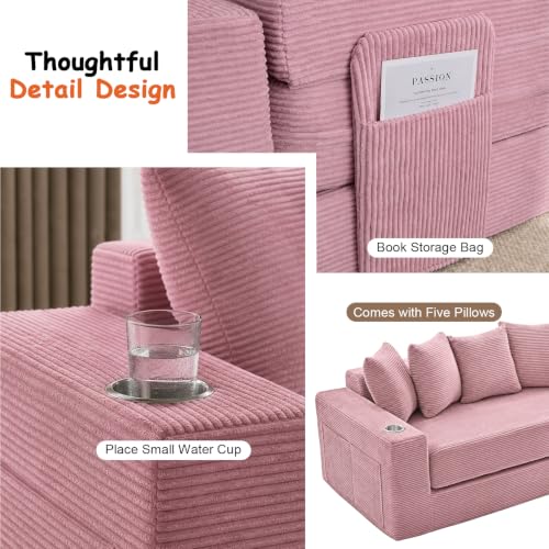 76" Convertible Sofa Bed, Corduroy Boneless Couch with Cup Holders & Pocket | 2-in-1 Sleeper Sofa, Pull-out Couch Bed with 5 Pillows, Living Room, Small Spaces, Bedroom, No Assembly - color: 76" Pink