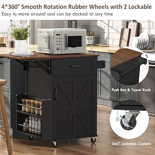 39.3" Farmhouse Kitchen Island with Drop Leaf and Open Side Rack, Small Kitchen Rolling Cart with Drawer and Storage Cabinet, Mobile Dining Table with Lockable Wheels and Towel Rack for Garden Black - color: Black