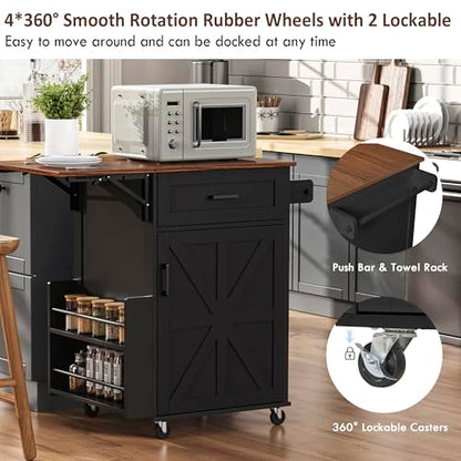 39.3" Farmhouse Kitchen Island with Drop Leaf and Open Side Rack, Small Kitchen Rolling Cart with Drawer and Storage Cabinet, Mobile Dining Table with Lockable Wheels and Towel Rack for Garden Black - color: Black