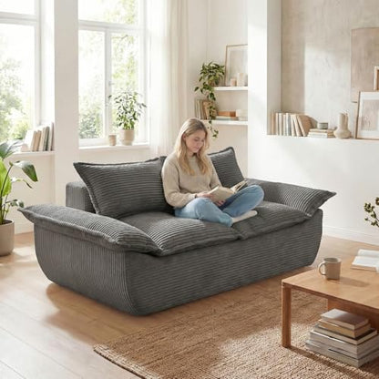 Boneless Loveseat 56", 2-Seater Gray Boneless Sofa with Removable Cushions & 2 Pillows, Small Boneless Couch Compress Foam Sofa for Living Room, Apartments, & Office - color: Grey, size: Loveseat（56")
