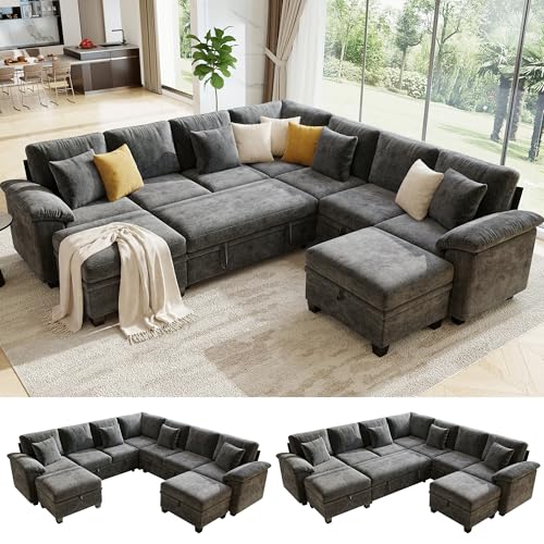 107.8" Oversized Modular Sectional Sofa with Pull Out Bed, 9 Seat U Shaped Sectional Sleeper Sofa with 291L Storage, Convertible Cloud Couch Bed, Sectional Couches for Living Room, Apartment (Gray) - color: Grey, size: 9 Seat V Sleeper