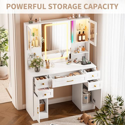 Vanity Desk with Mirror and LED Lights & Power Outlet | Large Makeup Vanity Table with 5 Drawers and 4 Storage Cabinets, White Dressing Table for Bedroom - size: 049 White