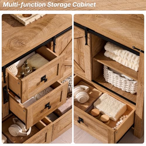 T4TREAM 48" Wide Farmhouse Sideboard Buffet Cabinet, Light Tree Knot | 31.2" Tall Kitchen Cabinet with Storage, 2 Sliding Barn Doors, 4 Drawers, Rustic Wood, Coffee Bar Table, Dining Room - color: Light Tree Knot