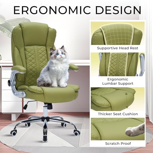 400lbs Executive Office Chair with Flip-Up Armrests, Big and Tall Computer Chair for Heavy People, Heavy Duty Ergonomic Comfy Chair, Breathable PU Leather (Green) - color: Green