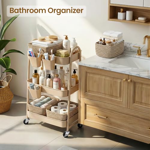 3-Tier Rolling Utility Cart with 4 Woven Baskets, Diaper Book Snack Cart, Storage Organizer for Nursery, Kitchen, Craft Room, Home SPA, Living Room, Metal Frame Trolley on Lockable Wheels, Brown - color: Brown