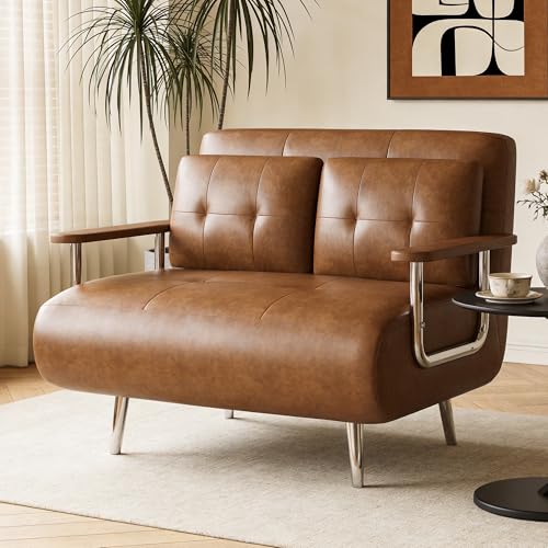 39.4" Brown Faux Leather Futon Sofa Bed Metal Legs Apartment | 2‑Position Adjustable Backrest, Space‑Saving Layout, Apartment‑Friendly, Multi‑Guest Unit, For Living Room & Home Office - size: 39.4"