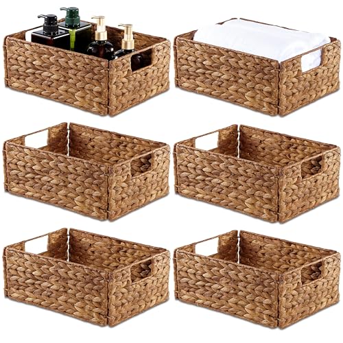 Bluewest Woven Water Hyacinth Storage Baskets with Handles, 6-Pack, Brown | Organizer and Laundry Basket with Carrying Handles, Designed as a Rattan Bin for Shelves, Closets and Household Essentials. - color: Brown