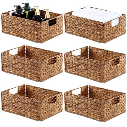 Bluewest Woven Water Hyacinth Storage Baskets with Handles, 6-Pack, Brown | Organizer and Laundry Basket with Carrying Handles, Designed as a Rattan Bin for Shelves, Closets and Household Essentials. - color: Brown
