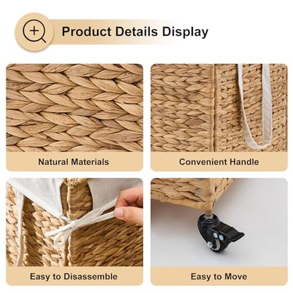 Rolling Laundry Hamper with Lid and Wheels, Slim Laundry Basket with Removable Liner Bag & 2 Mesh Bags, Handwoven Water Hyacinth Clothes Hamper for Bedroom Bathroom (Natural, 50L) - color: Natural/With Lid/50L