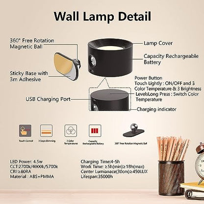 Deyagoo LED Wall Sconce, Rechargeable Wall Light with Remote-White | 3 Colors, Dimmable, Magnetic Rotating Head, 360 Degree Rotate - color: A-White