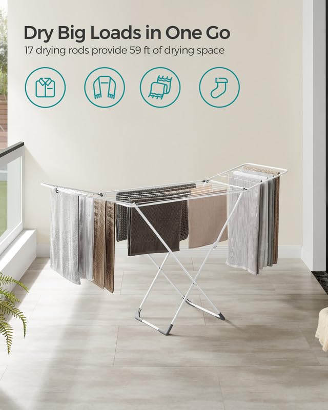 SONGMICS Clothes Drying Rack, Foldable, Heavy Duty, 2 Gullwings | Laundry Drying Rack for Hanging Clothes, Matte White and Dove Gray, BUNJI Collection ULLR540W01 - color: White, style: 2 Gullwings（19.7"D)