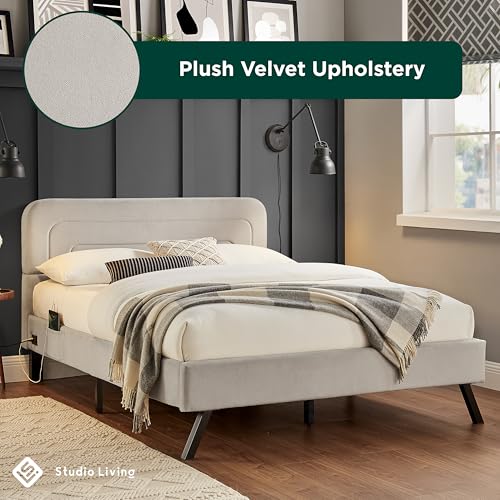 Studio Living® Adaline Upholstered Bed, Full Size, USB A + C Power, Storage Sleeve, Velvet Fabric, Light Gray - color: Light Gray, size: Full