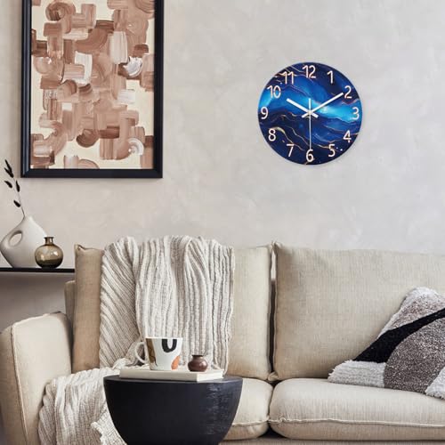 Glass Blue Wall Clocks Battery Operated 16 Inch | Marble Pattern Big Clock for Office Living Room Bedroom Abstract Silent Wall Clock Non Ticking - color: Blue1, size: 16 Inch