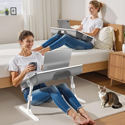 2-in-1 Bed & Lap Desk with Soft Cushion, Adjustable Height & Angle | Wrist Rest, Leather, iPad Holder & Stopper - Foldable Laptop Stand for Bed & Couch, Portable Bed Table Tray for Adults & Kids - color: Gray