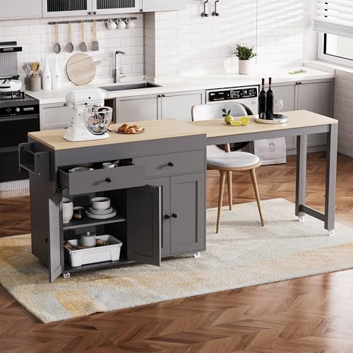 74" Extendable Rolling Kitchen Island, Portable Kitchen Island, Kitchen Island on Wheels with Lockable Casters for Kitchen Dining Spaces, Grey