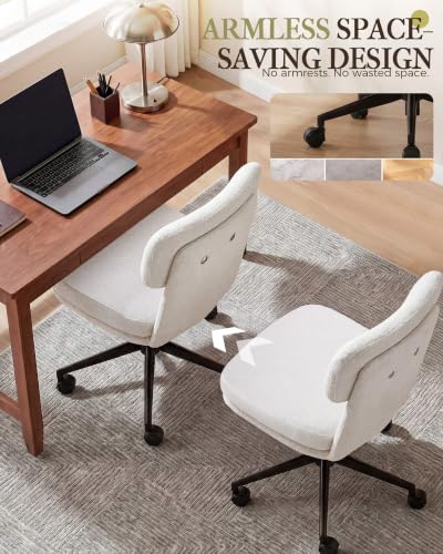COMHOMA Home Office Desk Chairs with Ergonomic Curved Backrest, Mid Century Modern Vanity Chair with Wheel for Bedroom, Chenille Upholstered, White - color: White, Chenille