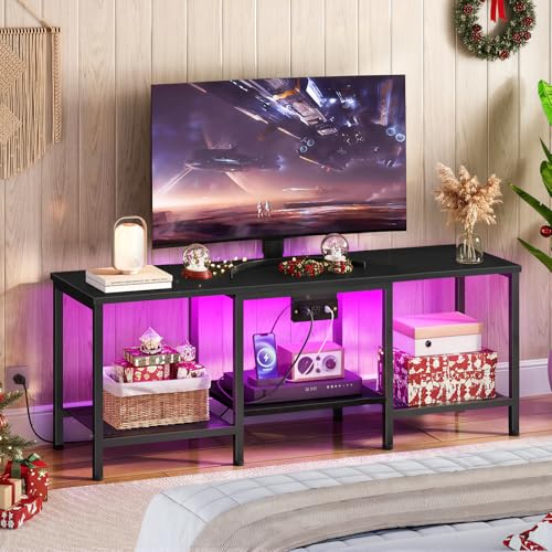HOOBRO BB122UDDS01 충전 스테이션이 있는 TV 스탠드, LED 엔터테인먼트 센터, 거실, 침실용 오픈 보관 선반이 있는 미디어 TV 콘솔 테이블, 블랙 - color: 블랙.