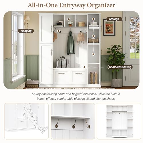 JIVOIT Farmhouse Hall Tree with 4 Side Cabinets, Adjustable Shelves & Open Cubbies, All-in-One Mudroom Furniture, Beadboard Entryway Bench with Coat Rack & 5 Hooks for Hallway (White,152) - color: White,152
