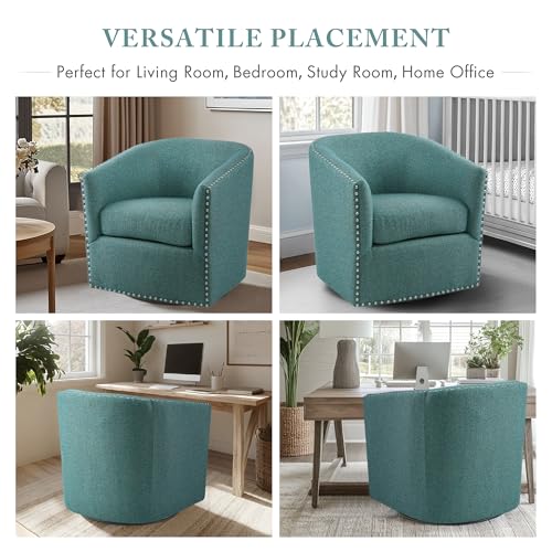 Madison Park Swivel Barrel Accent Chair, Upholstered Curved Back with 7-Inch Thick Woven Cushion, 360° Swivel, Nailhead Trim, Comfy Chair for Living Room, Bedroom, Office, 28" Wide, Teal, Tyler - color: Teal