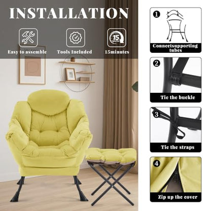 Lazy Chair with Ottoman, Comfy Reading Chair, Yellow | Cushioned Seat with Foldable Ottoman and Side Pocket, Lounge Chair for Bedroom, Living Room, Dorm and Small Spaces - color: Yellow