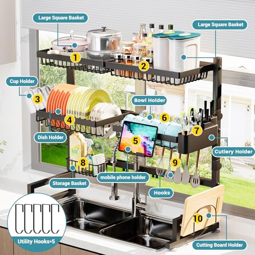 ADBIU Over The Sink Dish Drying Rack (Expandable Height and Length) Snap-On Design 2 Tier Large Dish Rack (27-40L x 12W x 32.5-37H (inches)) - color: Black, size: 27-40L x 12W x 32.5-37H (inches)