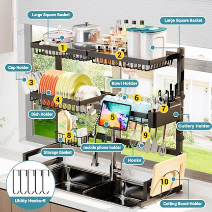 ADBIU Over The Sink Dish Drying Rack (Expandable Height and Length) Snap-On Design 2 Tier Large Dish Rack (27-40L x 12W x 32.5-37H (inches)) - color: Black, size: 27-40L x 12W x 32.5-37H (inches)