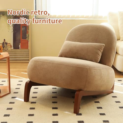 Camel Velvet Slippers Chair with Solid Wooden Legs, Low Profile Design | Cute Armless Accent Chair with Soft Cushion, Comfy Upholstered Side Chairs for Living Room, Bedroom, Balcony or Reading Room - color: Camel