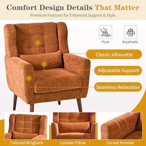 Modern Accent Chair, Upholstered Armchair with Pillow, Fabric Single Sofa Chair with Lounge Seat and Wood Legs Accent Chair for Living Room Bedroom Small Spaces (Orange, Set of 1) - color: Orange, size: Set of 1