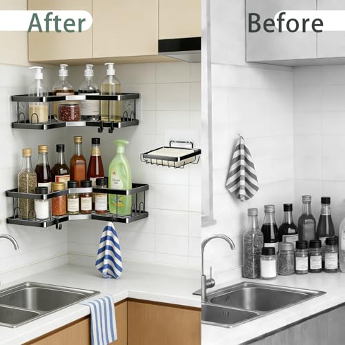Rustproof Corner Shower Caddy 3 Pack,Stainless Steel Bathroom Storage Accessories,Durable No Drilling Shower Organiser,Adhesive Bathroom Shelves with Soap Holder Set,Black