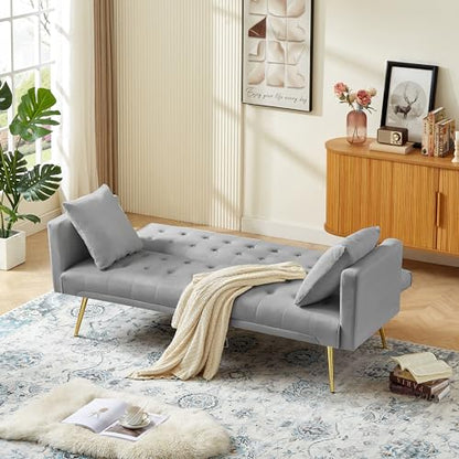 72''Modern Velvet Sofa Bed Futon,Convertible Folding Sleeper Couches with 3 Adjustable Backrests,Tufted Recliner Loveseat with Golden Chrome Legs for Living Room Apartment Office (Light Gray-new) - color: Light Gray-new