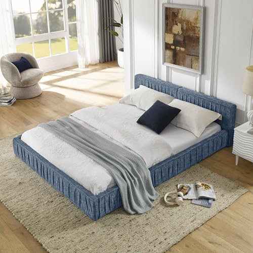 Queen Size Upholstered Bed Frame, Modern Grounded Bed with Solid Wood Slats, Pleated Headboard, Sturdy Construction, No Box Spring Needed, Grey (Blue, Queen) - color: Blue