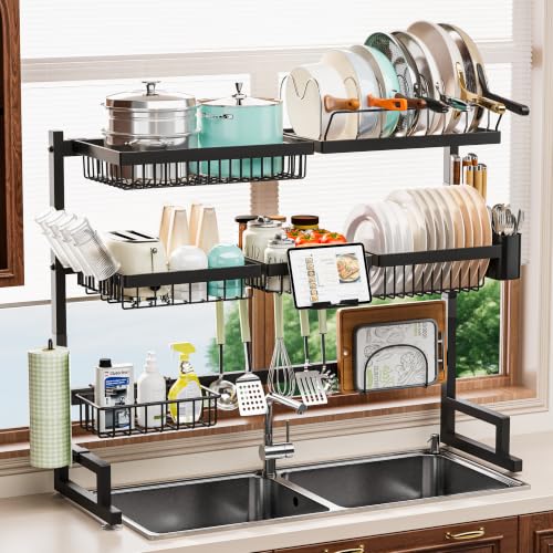 ADBIU Over Sink Dish Drying Rack (Expandable Height/Length) Snap-On Design Large Dish Drainer Storage Counter Organizer 32-40L x 12W x 34-38H (inches) - color: Black, size: 32-40L x 12W x 34-38H (inches)