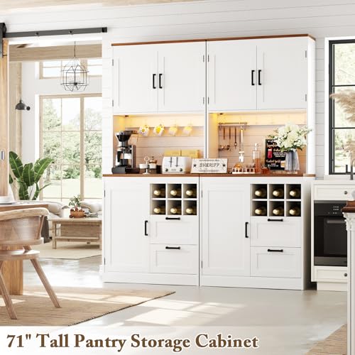 Unikito 72" Tall Kitchen Pantry Cabinet with LED Light & Outlet, White | 63" Wide Hutch Bar Unit with Microwave Stand, Drawers, Wine Rack & Storage Shelves, Freestanding Cupboard for Dining Room - color: White, size: 63 Inch