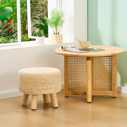Cpintltr Ottoman Natural Seagrass Footrest Poufs Hand Weave Round Foot Stool for Couch Desk Soft Step Stool Padded Foot Rest with Pine Legs for Living Room Bedroom (Natural White) - color: Natural White