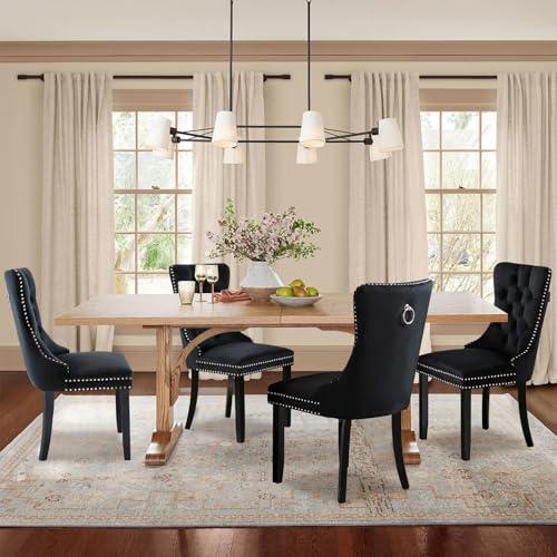 Velvet Upholstered Dining Chairs Set of 4, Modern Style Kitchen Side Chairs with Nailhead Trim and Wood Legs,Metal Pulling Ring for Dining Room Living Room(Black,Set of 4) - color: Black, size: Set of 4
