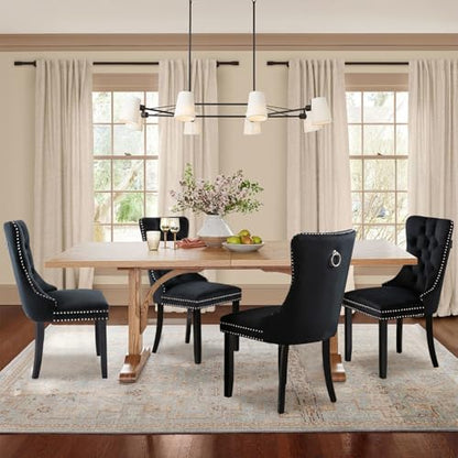Velvet Upholstered Dining Chairs Set of 4, Modern Style Kitchen Side Chairs with Nailhead Trim and Wood Legs,Metal Pulling Ring for Dining Room Living Room(Black,Set of 4) - color: Black, size: Set of 4
