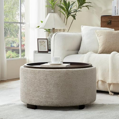 Zihanhome 30 Inch Round Storage Ottoman, Ottoman Coffee Table with Lift Off Lid, Boucle Modern Ottomans with Storage for Living Room, Bedroom, Apartments (Light Brown Striped) - color: Light Brown Striped