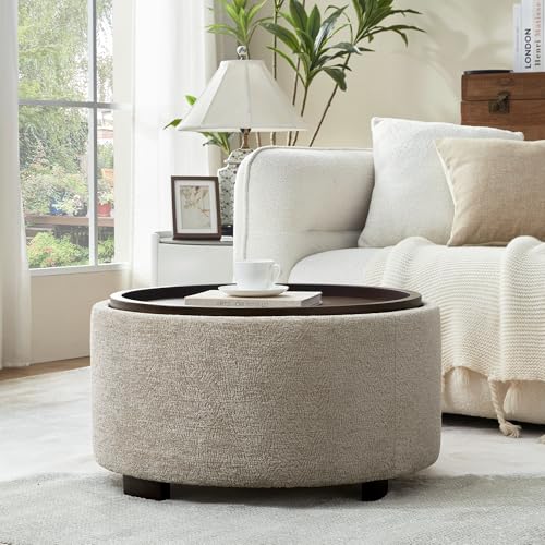 Zihanhome 30 Inch Round Storage Ottoman, Ottoman Coffee Table with Lift Off Lid, Boucle Modern Ottomans with Storage for Living Room, Bedroom, Apartments (Light Brown Striped) - color: Light Brown Striped