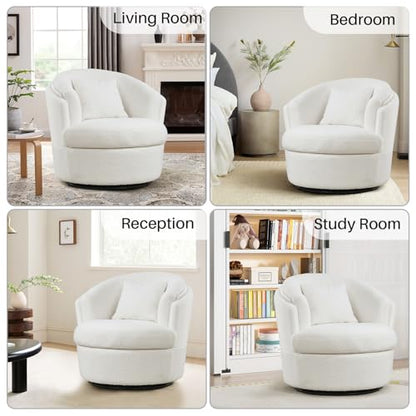 Boucle Swivel Accent Chair, Widened Round Barrel Chair with Pillow | Wide Padded Seat, Upholstered Boucle, Silent 360° Swivel Barrel Armchair for Living Room Bedroom Reading Nook, White - color: White