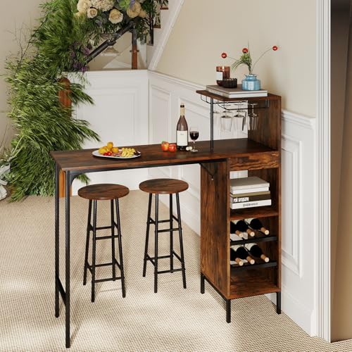 GOFLAME Bar Table Set for 2, Counter Height Dining Table Set with Shelves, Cup Holder & Wine Rack, Breakfast Table & Stools Set, 3-Piece Pub Table Set for Kitchen, Dining Room, Rustic Brown - color: Rustic Brown