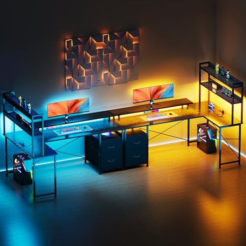 L Shaped Gaming Desk, Reversible with LED Lights, Shelves, Charging, Black | Reversible, LED lights, Charging, Monitor stand - color: Black