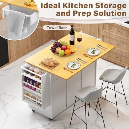 YESHOMY Kitchen Island on Wheels with Trash Cabinet, 56" Mobile Cart with Drop Leaf and Drawers, Rolling Portable Table with Spice Rack & Towel Holder for Dining Room, White & Oak - color: White & Oak