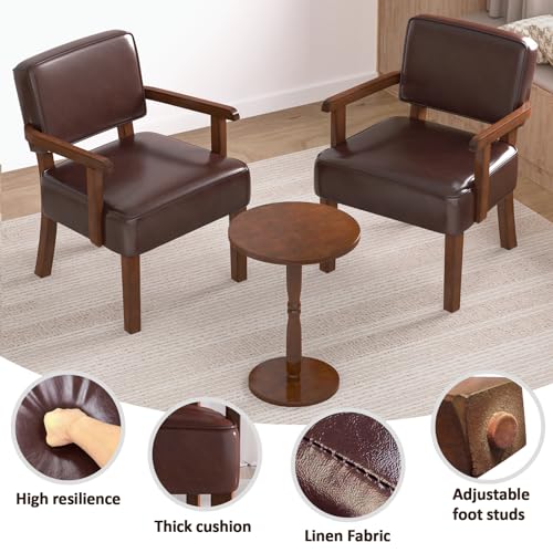 Accent Chairs Set of 2, 2 Solid Wood Armchairs with Table | Faux Leather Chair with Soft Thicken Cushion, Comfy Reading Chair for Bedroom, Waiting Room, Home Office, Easy Assembly - color: Faux Leather Cherry, size: Set of 2 with table