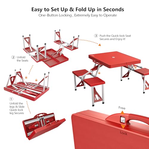 VINGLI 4 Ft Portable Folding Picnic Table Camping Table Foldable Set with 4 Seats with Umbrella Hole Suitcase Card Table-220 Lbs Support Aluminum Frame, Plastic RV Tabletop for Yard, Travel - color: Red