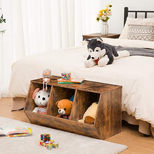 HOOBRO Toy Storage Cubby, Kids Bookshelf, Stackable 3-Bin Toy Storage Cabinet, Bookcase Footboard, Children's Toy Shelf, Suitable for Children's Room, Playroom, Hallway, Rustic Brown BF30CW01 - color: Rustic Brown