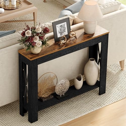 Farmhouse Console Table, 39.4'' Small Narrow Entryway Table, Wood Couch Table Behind Sofa with Storage Shelf, Slim Farmhouse Hallway Table for Hallway, Foyer, Black and Rustic Brown CT34BR - color: Black + Rustic Brown