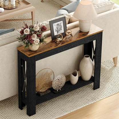 Farmhouse Console Table, 39.4'' Small Narrow Entryway Table, Wood Couch Table Behind Sofa with Storage Shelf, Slim Farmhouse Hallway Table for Hallway, Foyer, Black and Rustic Brown CT34BR - color: Black + Rustic Brown