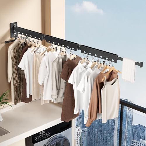 Wall Mounted Collapsible Clothes Drying Rack, Durable Space-Saving Laundry Drying Rack Clothing Hanger, Upgraded with Clips and Windproof Holes - style: Upgrde-Black Rings with Clips