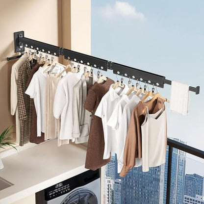 Wall Mounted Collapsible Clothes Drying Rack, Durable Space-Saving Laundry Drying Rack Clothing Hanger, Upgraded with Clips and Windproof Holes - style: Upgrde-Black Rings with Clips