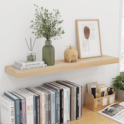 fuqing 36 Inch Floating Shelves 6.7'' Deep Natural Wood Shelves Set of 2 | 36'' x 6.7'' x 1.4'' Natural Wood Shelves for Bathroom Living Room, 40LBS, Lightweight, Hardware Included, Waterproof Finish - color: Natural, size: 36 Inch